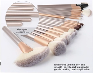 Detail of 24pcs champagne gold makeup brush set with premium synthetic bristles and wooden handles