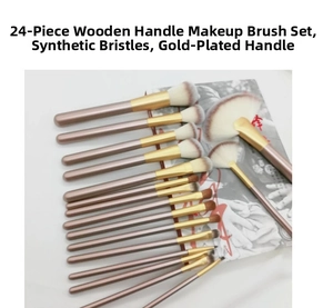 Macro detail of 24pcs makeup brush set featuring champagne gold handles and fiber bristles