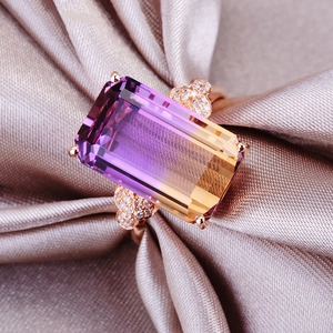 Rectangle bi-color amethyst ring in rose gold with bow accents on champagne silk