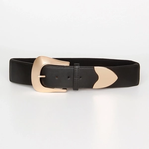 Detailed view of a black elastic waist belt featuring a large gold vintage D-buckle