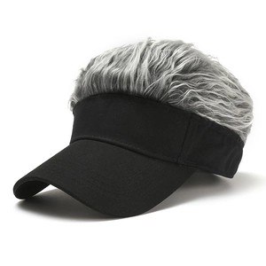 Detail shot of black cotton baseball cap featuring textured grey synthetic wig hair