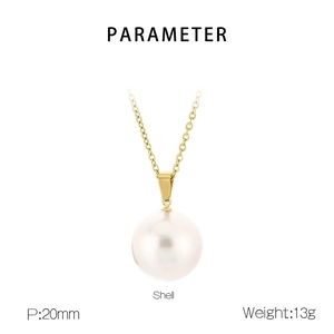 Detail view of 20mm white shell pearl pendant with golden bail and specifications
