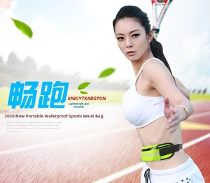 Detail of neon green waterproof running belt with reflective safety strip and dual zippers