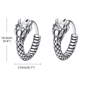 Retro stainless steel dragon stud earrings with detailed scale texture in antique silver finish