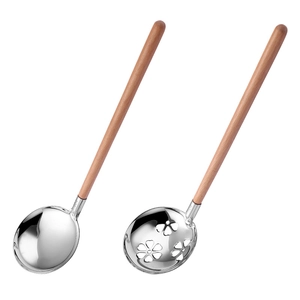 SUS304 stainless steel soup ladle and slotted spoon set with beech wood handles