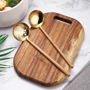 Japanese style 304 stainless steel soup and slotted spoon set with elegant beech wood handle