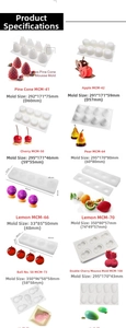 Detailed size chart for various fruit-shaped silicone cake molds including lemon and cherry
