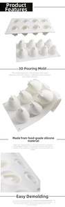 Close-up of 8-cavity food-grade silicone mold for 3D fruit mousse cakes and candles