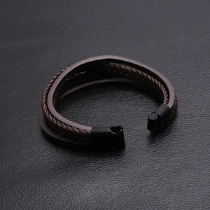 Layered brown braided leather bracelet for men with black magnetic metal clasp