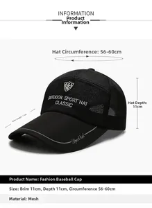 Detail der schwarzen Mesh-Baseballkappe mit 11 cm Schirm und verstellbarer Größe