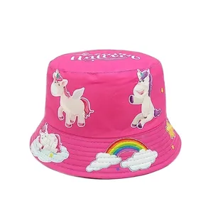 Pink unicorn print bucket hat for girls with detailed size measurement guide lines