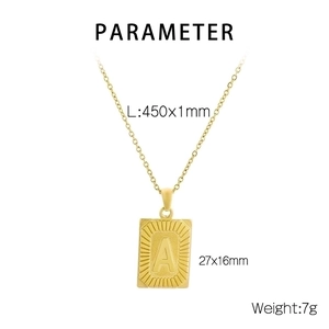 Detail showing 18k gold plated letter A pendant dimensions 27x16mm and 450mm chain
