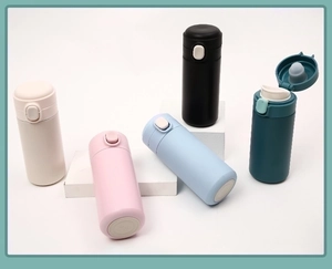 Detail of five colorful 304 stainless steel mini thermos cups with bounce lid and matte finish