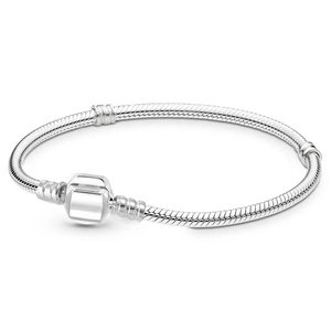 Classic silver snake chain bracelet with a barrel clasp on a plain white background