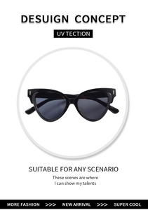 Détail de lunettes de soleil œil de chat noires avec accents métalliques et verres foncés
