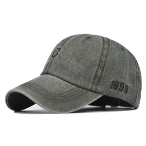 Detail of dark grey washed cotton baseball cap with C embroidery and 1999 side stitching