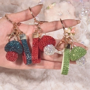 Sparkly Rhinestone Mushroom Keychain For Women Bag Charm Pendant With Crystal Studded Wristlet Strap Alloy Zinc Key Ring