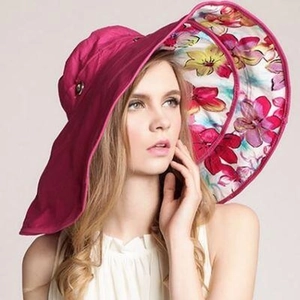 Rose red oversized beach sun hat with floral brim for women UV protection foldable