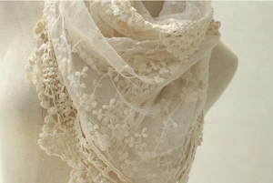 Close-up of beige lace scarf showing intricate crochet edges and mesh fabric texture