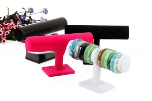 Detailed T-bar jewelry stands in black, white and rose velvet for bracelets