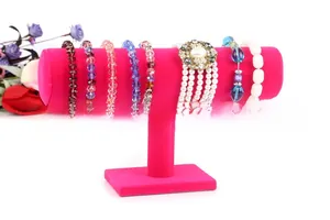 Rose red velvet T-bar jewelry display stand for showcasing bracelets and watches