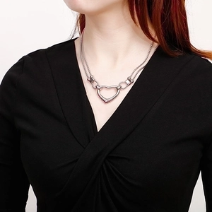 Silver double-layer heart necklace with hollow pendant on beaded chain for women