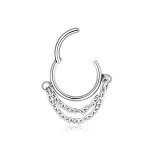 Minimalist 316L stainless steel hoop earring with silver double hanging chain detail