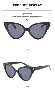 Vues de face et de côté de lunettes de soleil œil de chat noires à monture pleine
