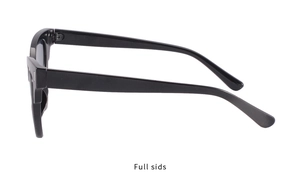 Vue latérale de lunettes de soleil œil de chat noires avec détails des branches et charnières