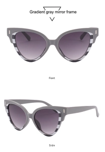 Détail macro de lunettes œil de chat avec verres dégradés gris et monture à rayures