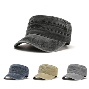Men's Vintage Washed Cotton Cadet Hat Military Flat Top Cap Distressed Adjustable Sun Hat Outdoor Daily Casual Headwear