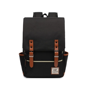 Retro black canvas outdoor travel backpack with brown leather straps and metal buckles