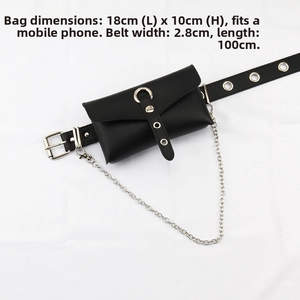 Detail showing a black punk waist bag with silver chain and grommet belt for smartphones