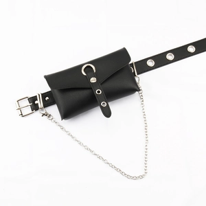 Punk style black PU leather waist bag with silver metal chain and eyelet grommet belt