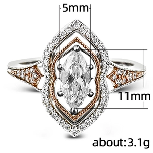 Exquisite marquise cut zircon ring with rose gold halo and pave setting on silver band