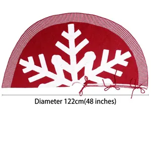 122cm Burgundy Christmas tree skirt with white knitted snowflake patterns and ties