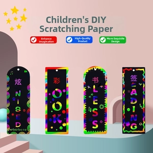 Close-up of four DIY animal scratch paper bookmarks with colorful neon patterns