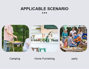 Three-frame view showing camping, home, and party usage of the 5-in-1 multi-tool utensil