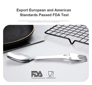 Detail view of the 5-in-1 stainless steel camping utensil with FDA and LFGB markings