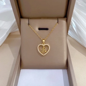 Heart Letter M Pendant Necklace Stainless Steel Chain Copper Zircon Elegant Gold Clavicle Jewelry For Women