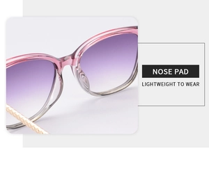 Détail des plaquettes de nez roses sur lunettes de soleil carrées légères et confort