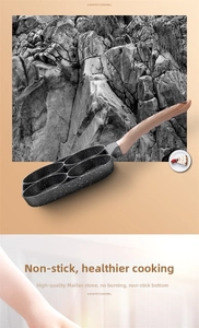 Detail view of four-hole non-stick egg frying pan with maifan stone coating and wood handle