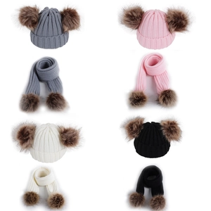 Winter knit baby hat and scarf set with double faux fur pom poms in four classic colors