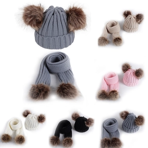 Kids Winter Warm Knitted Hat And Scarf Set With Double Faux Fur Pom Poms Ribbed Knit Baby Toddler Beanie Scarf Set