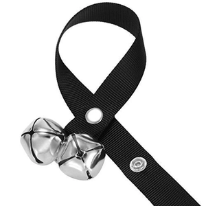 Durable black nylon pet doorbell strap with two silver metal bells for dog training