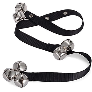 Adjustable black nylon pet training doorbell strap with multiple silver metal bells