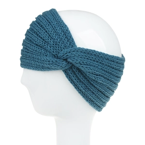 Detailed close-up of knitted twisted knot headband in deep peacock blue wool material