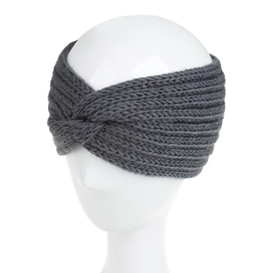 Detailed knit texture of a grey twist-knot headband on a white mannequin head display