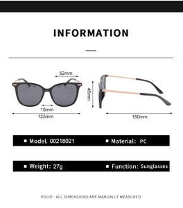 Vue détaillée des lunettes de soleil carrées avec monture PC et dimensions
