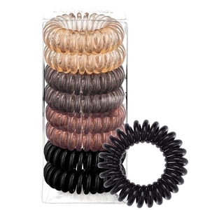 Set of spiral phone cord hair ties in black and brown shades in a clear storage box